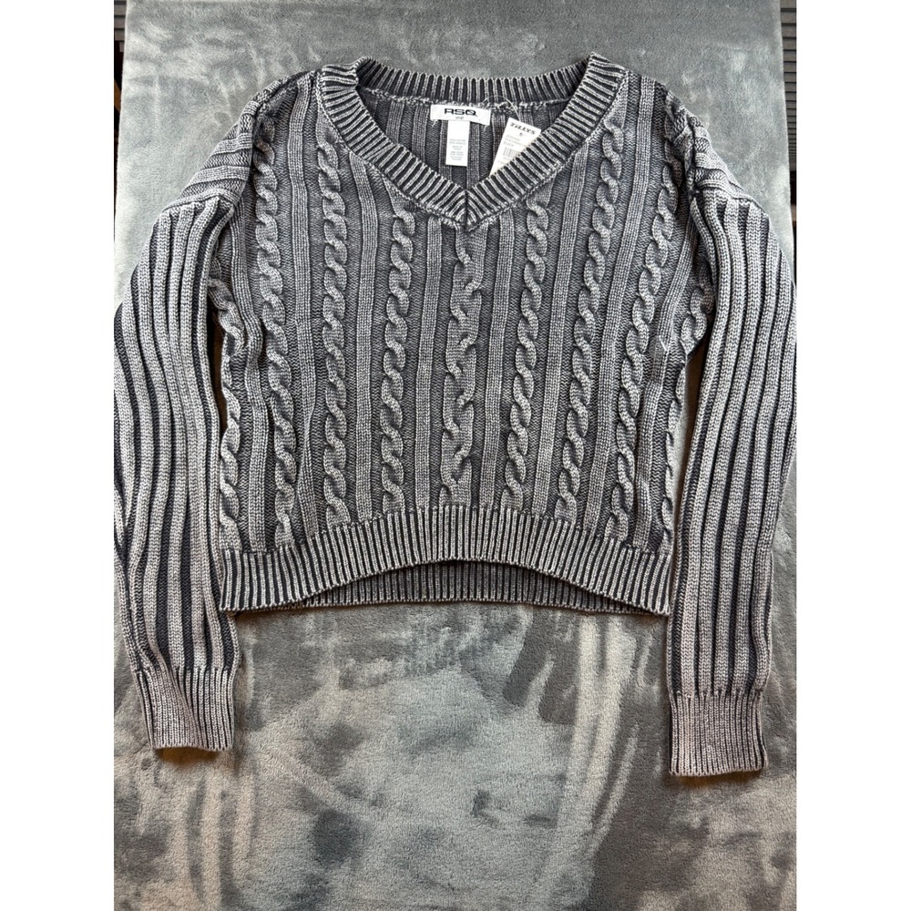 RSQ Black Wash Cable Knit Cropped V Neck Sweater Small grannycore - Picture 2 of 8